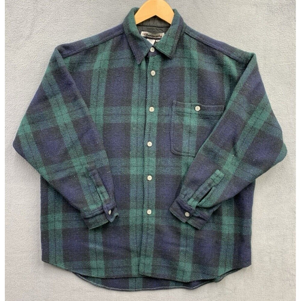 Vintage Burgundy Button Up Shirt Men's XL Green Tartan Plaid Wool Rich Blend